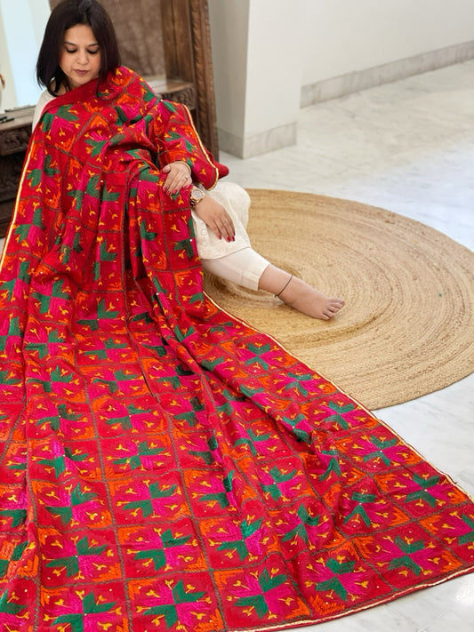 Handmade Designer Phulkari Dupatta in Khaddar Cotton - Masakalee