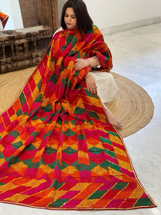 Handmade Designer Phulkari Dupatta in Khaddar Cotton - Masakalee