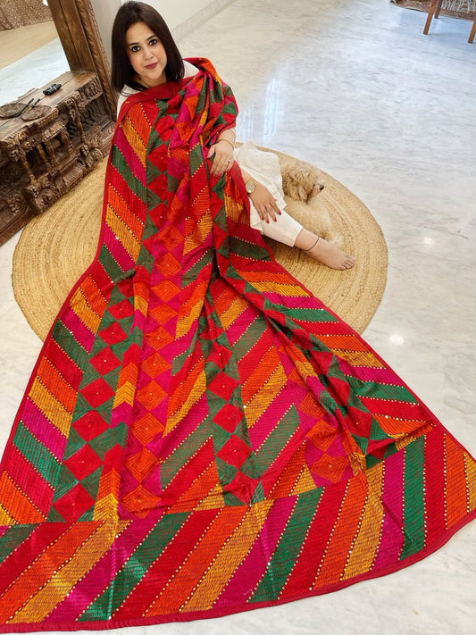 Handmade Designer Phulkari Dupatta in Khaddar Cotton - Masakalee