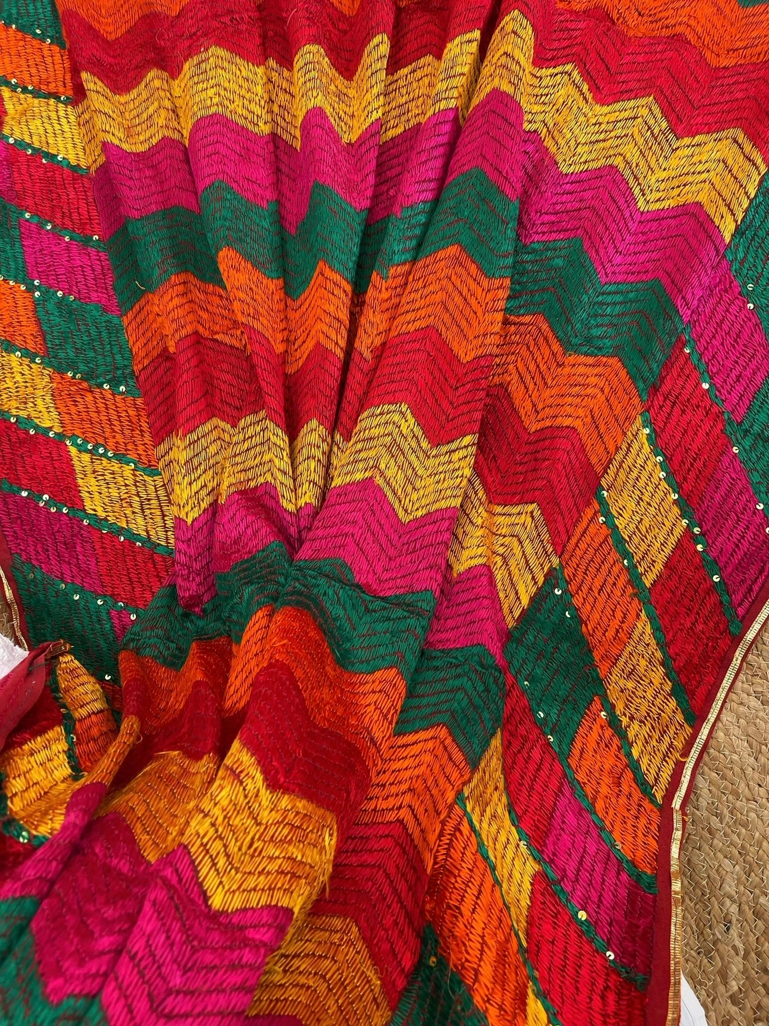 Handmade Designer Phulkari Dupatta in Khaddar Cotton - Masakalee