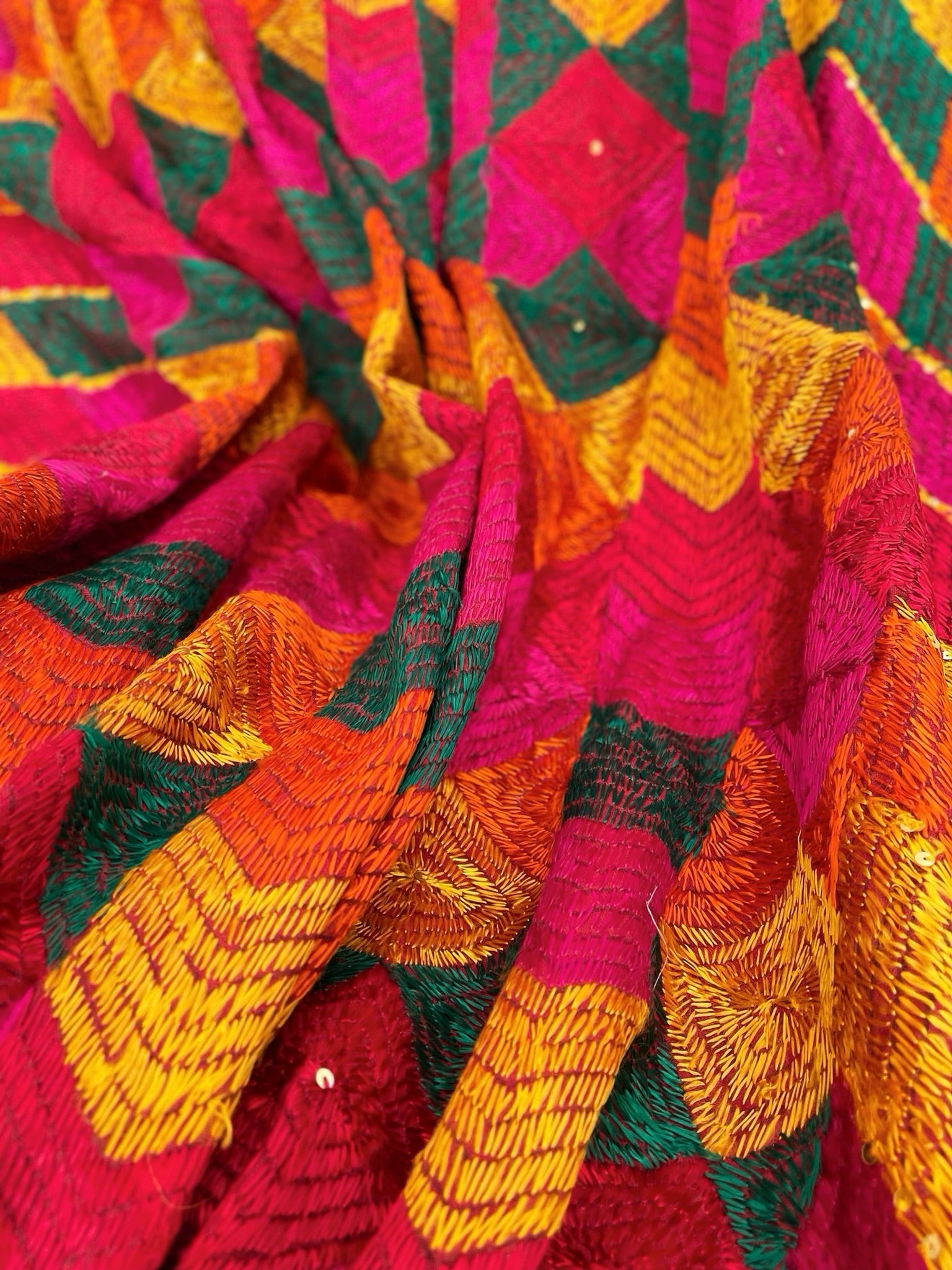 Handmade Designer Phulkari Dupatta in Khaddar Cotton - Masakalee