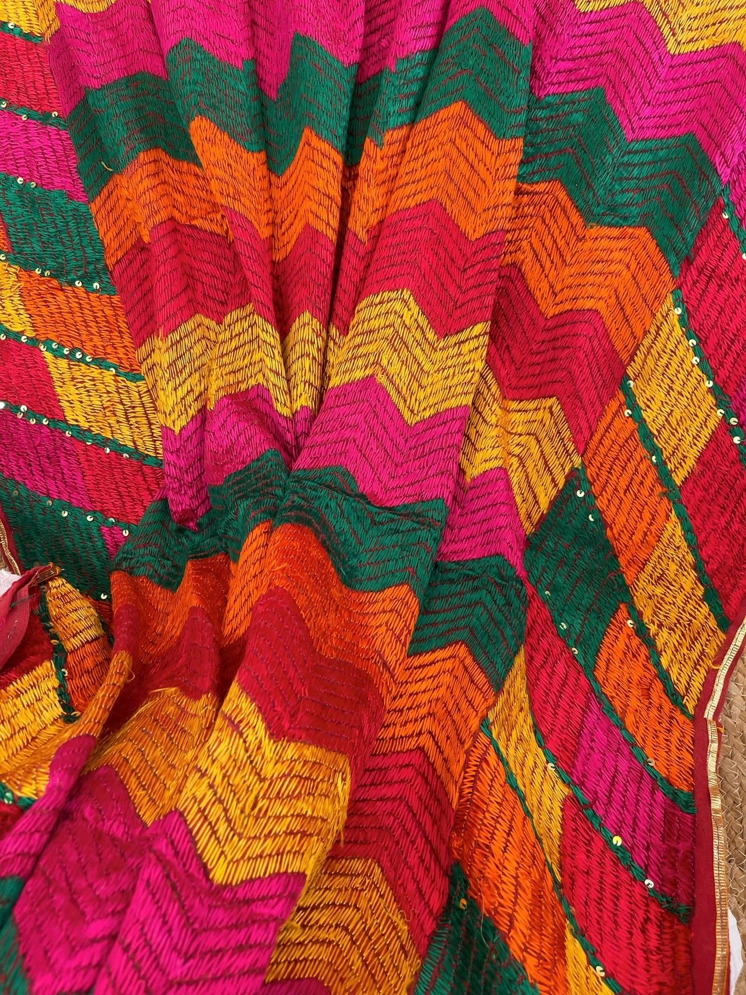 Handmade Designer Phulkari Dupatta in Khaddar Cotton - Masakalee