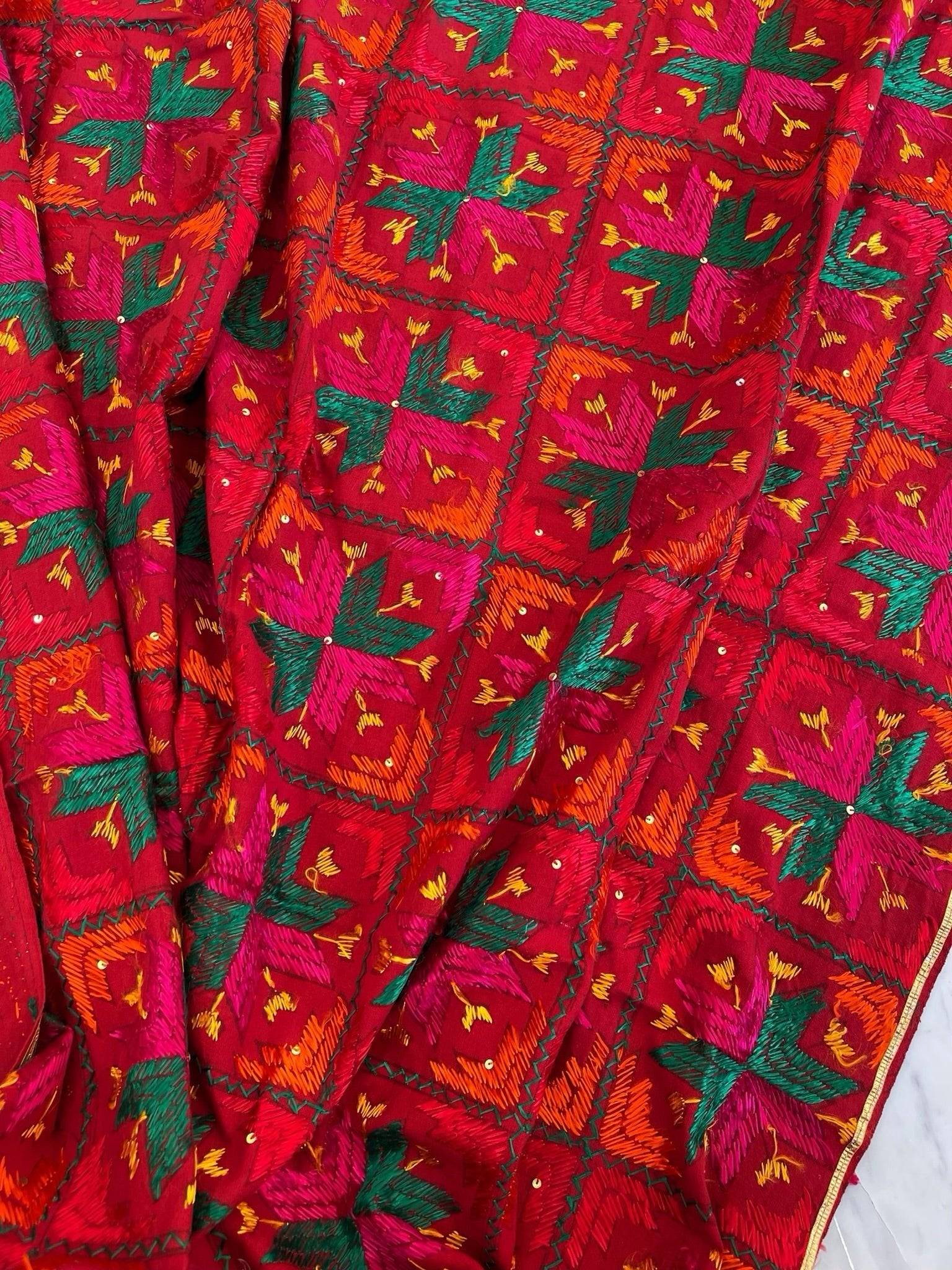 Handmade Designer Phulkari Dupatta in Khaddar Cotton - Masakalee