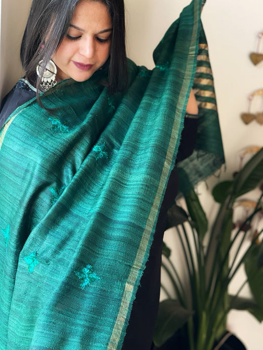 Handmade Phulkari Dupatta in Pure Geecha - Tussar Silk - Masakalee