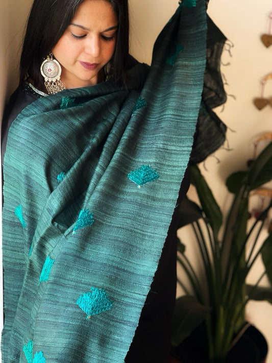 Handmade Phulkari Dupatta in Pure Geecha - Tussar Silk - Masakalee