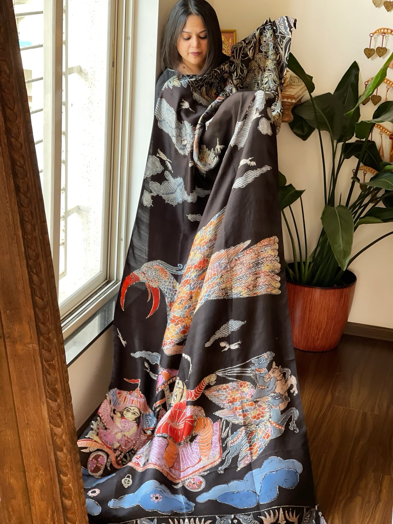 Handpainted & Batik Hand Dyed Dupatta in Handwoven Mul Silk - Masakalee