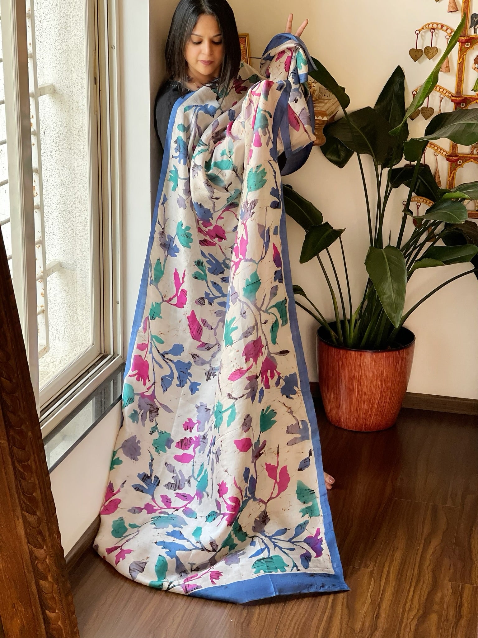 Handpainted & Batik Hand Dyed Dupatta in Handwoven Mul Silk - Masakalee