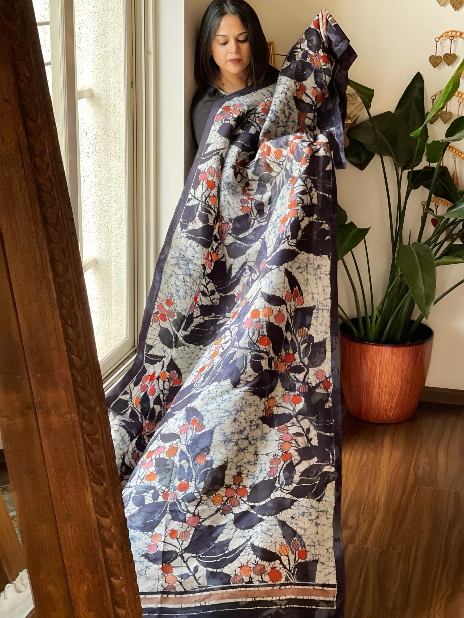 Handpainted & Batik Hand Dyed Dupatta in Handwoven Mul Silk - Masakalee