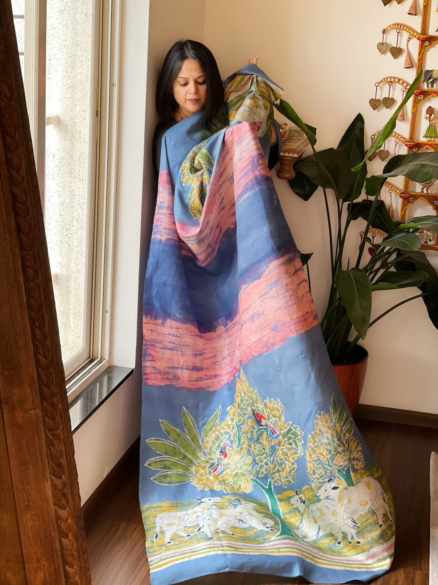 Handpainted & Batik Hand Dyed Dupatta in Handwoven Mul Silk - Masakalee