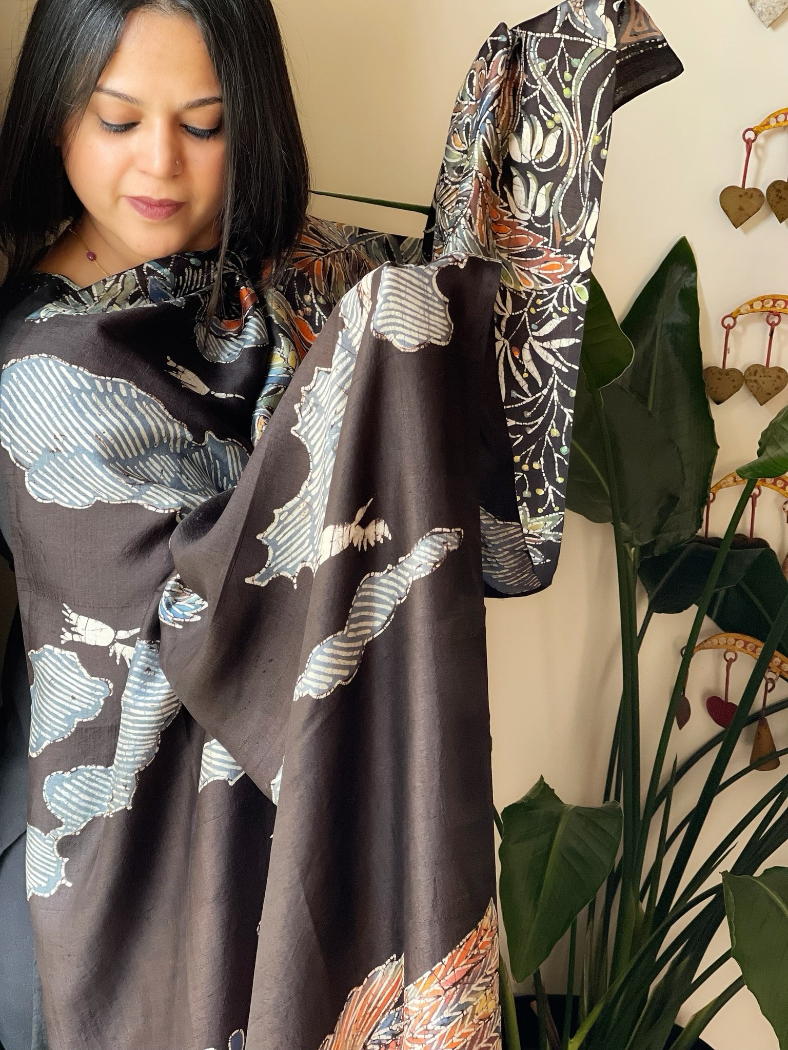 Handpainted & Batik Hand Dyed Dupatta in Handwoven Mul Silk - Masakalee