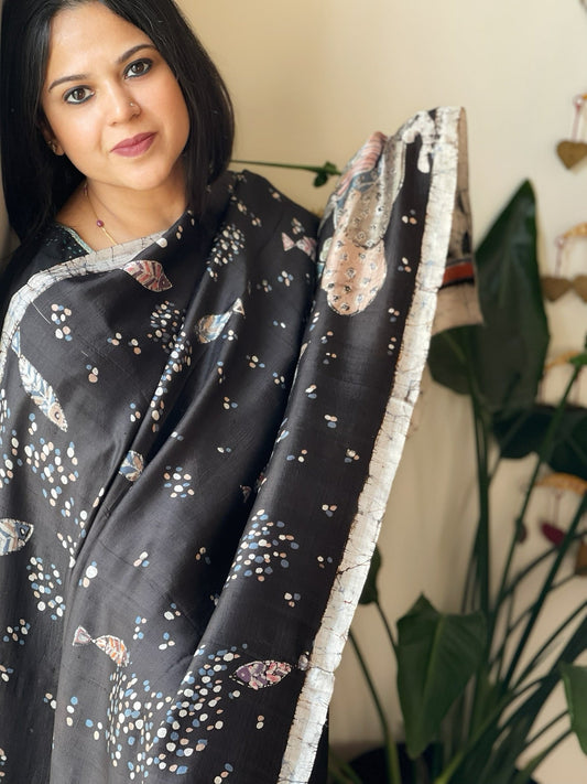 Handpainted & Batik Hand Dyed Dupatta in Handwoven Mul Silk - Masakalee