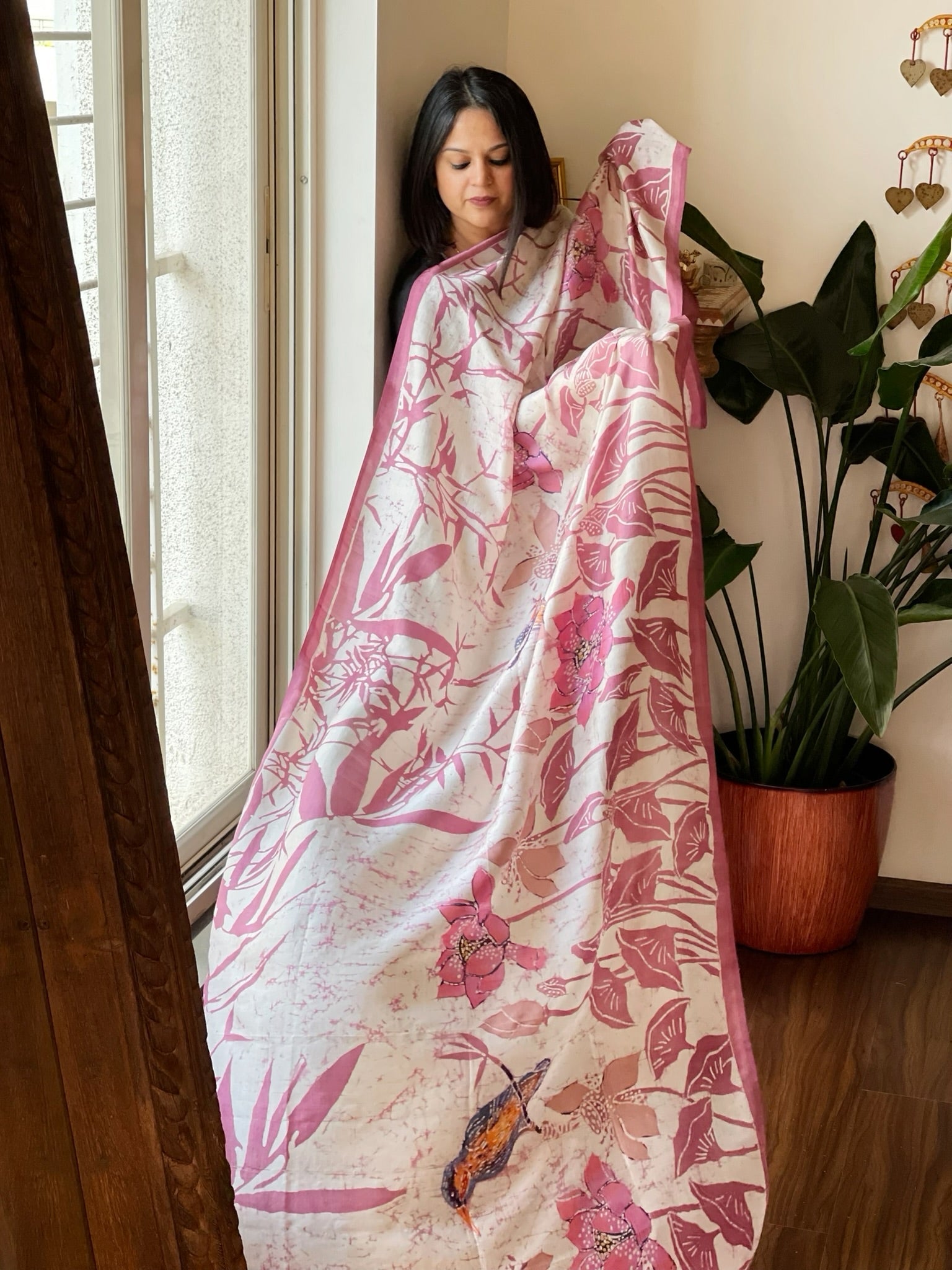 Handpainted & Batik Hand Dyed Dupatta in Handwoven Mul Silk - Masakalee