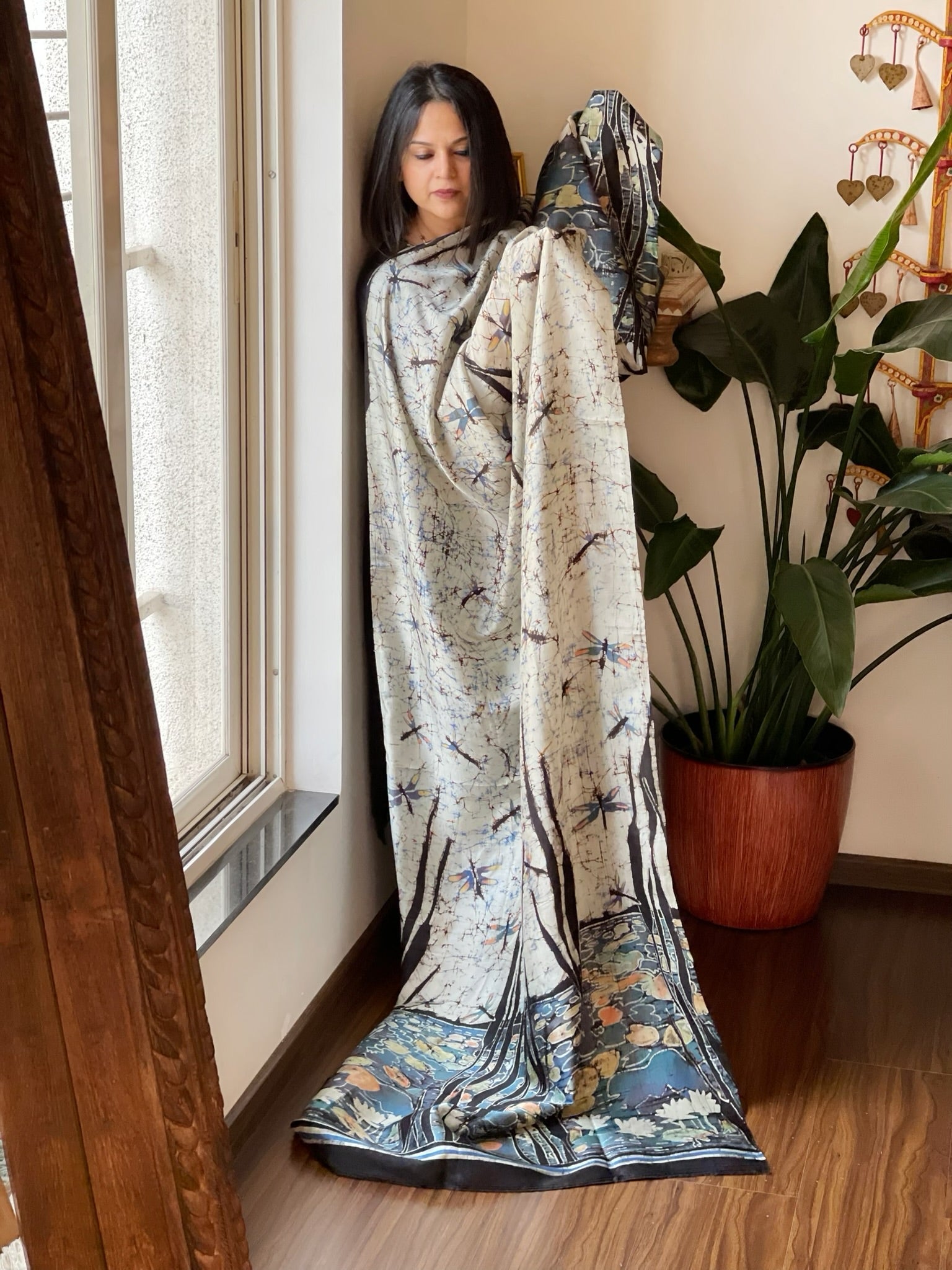 Handpainted & Batik Hand Dyed Dupatta in Handwoven Mul Silk - Masakalee