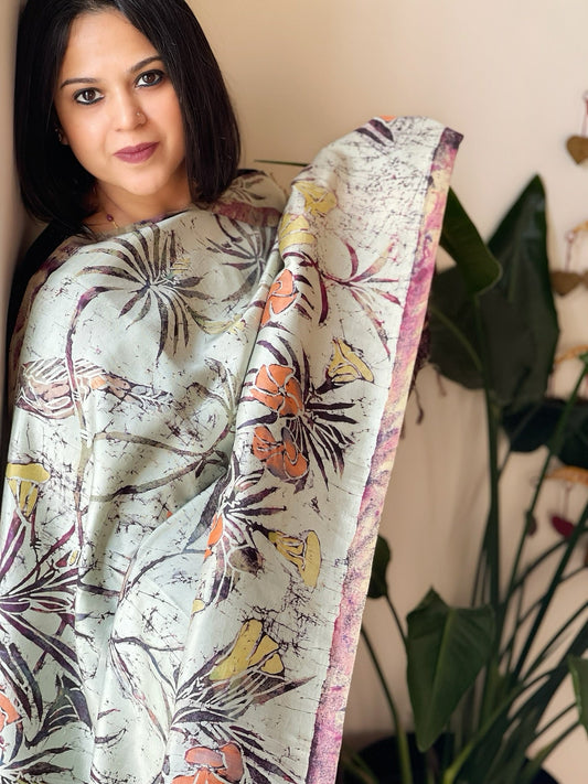 Handpainted & Batik Hand Dyed Dupatta in Handwoven Mul Silk - Masakalee