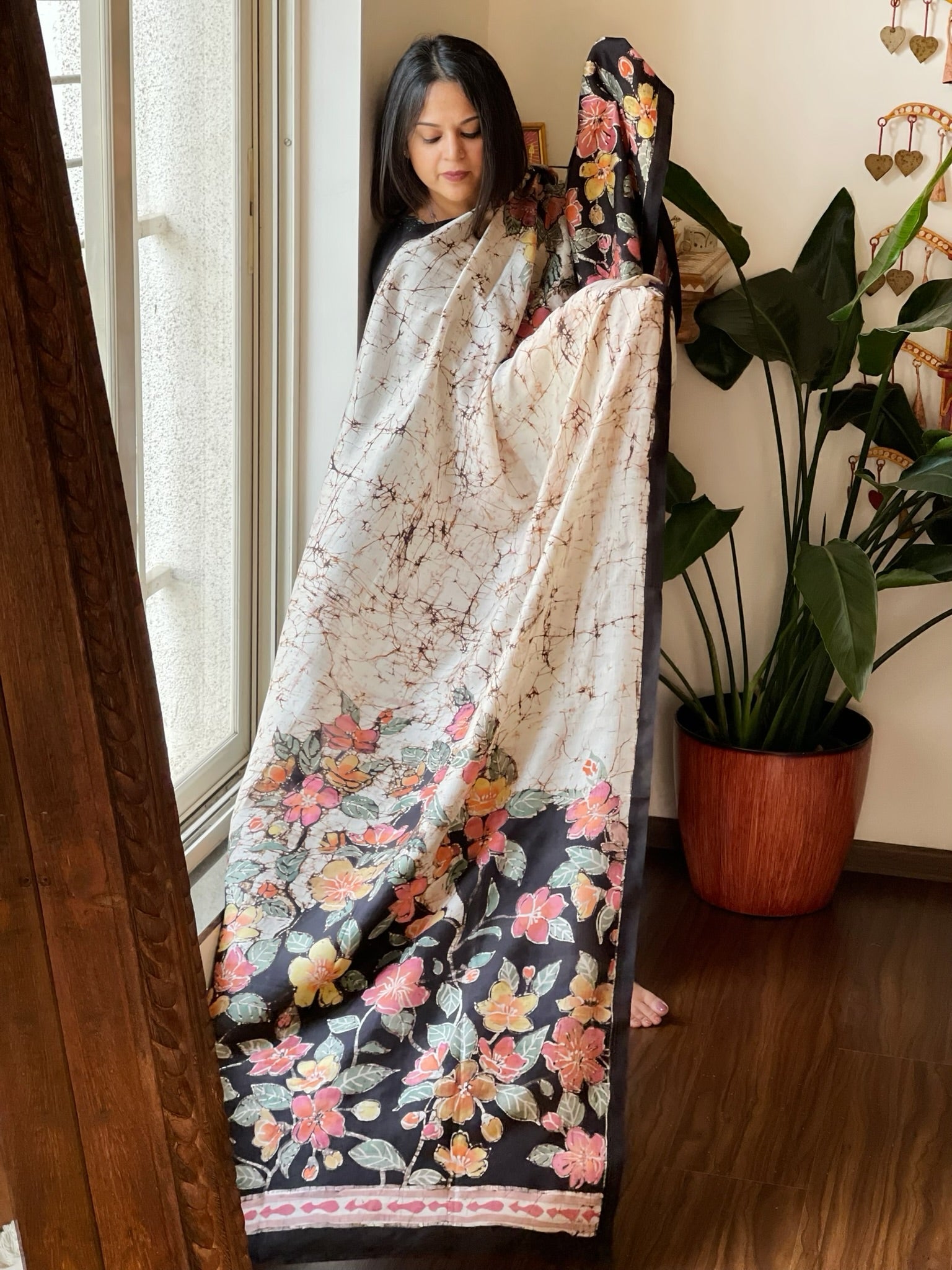 Handpainted & Batik Hand Dyed Dupatta in Handwoven Mul Silk - Masakalee