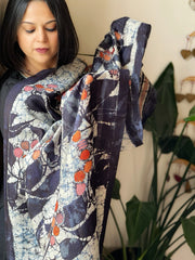 Handpainted & Batik Hand Dyed Dupatta in Handwoven Mul Silk - Masakalee