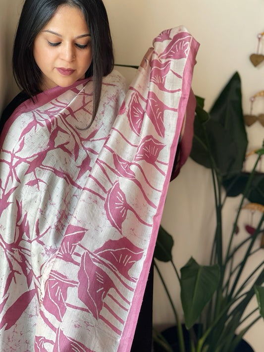 Handpainted & Batik Hand Dyed Dupatta in Handwoven Mul Silk - Masakalee