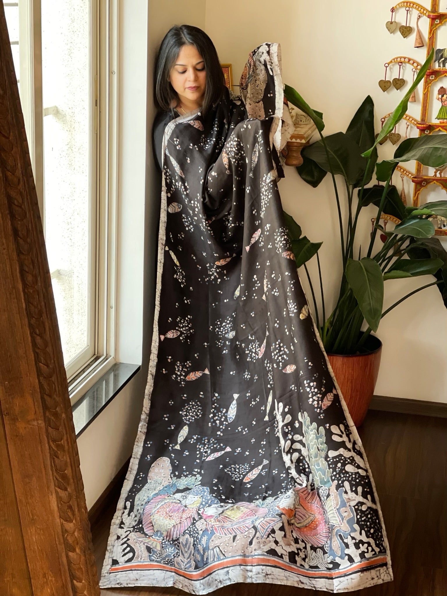 Handpainted & Batik Hand Dyed Dupatta in Handwoven Mul Silk - Masakalee