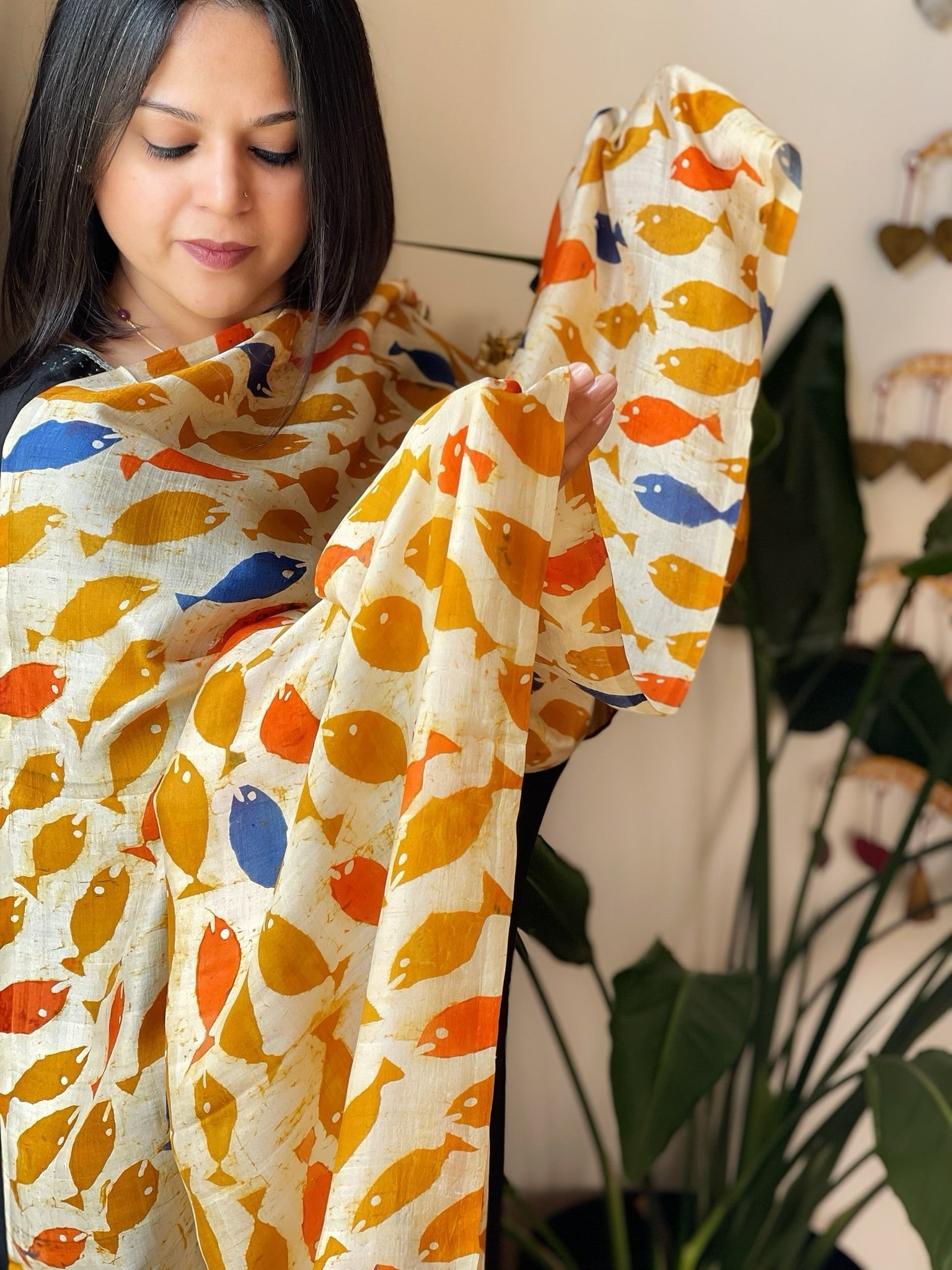 Handpainted & Batik Hand Dyed Dupatta in Handwoven Mul Silk - Masakalee