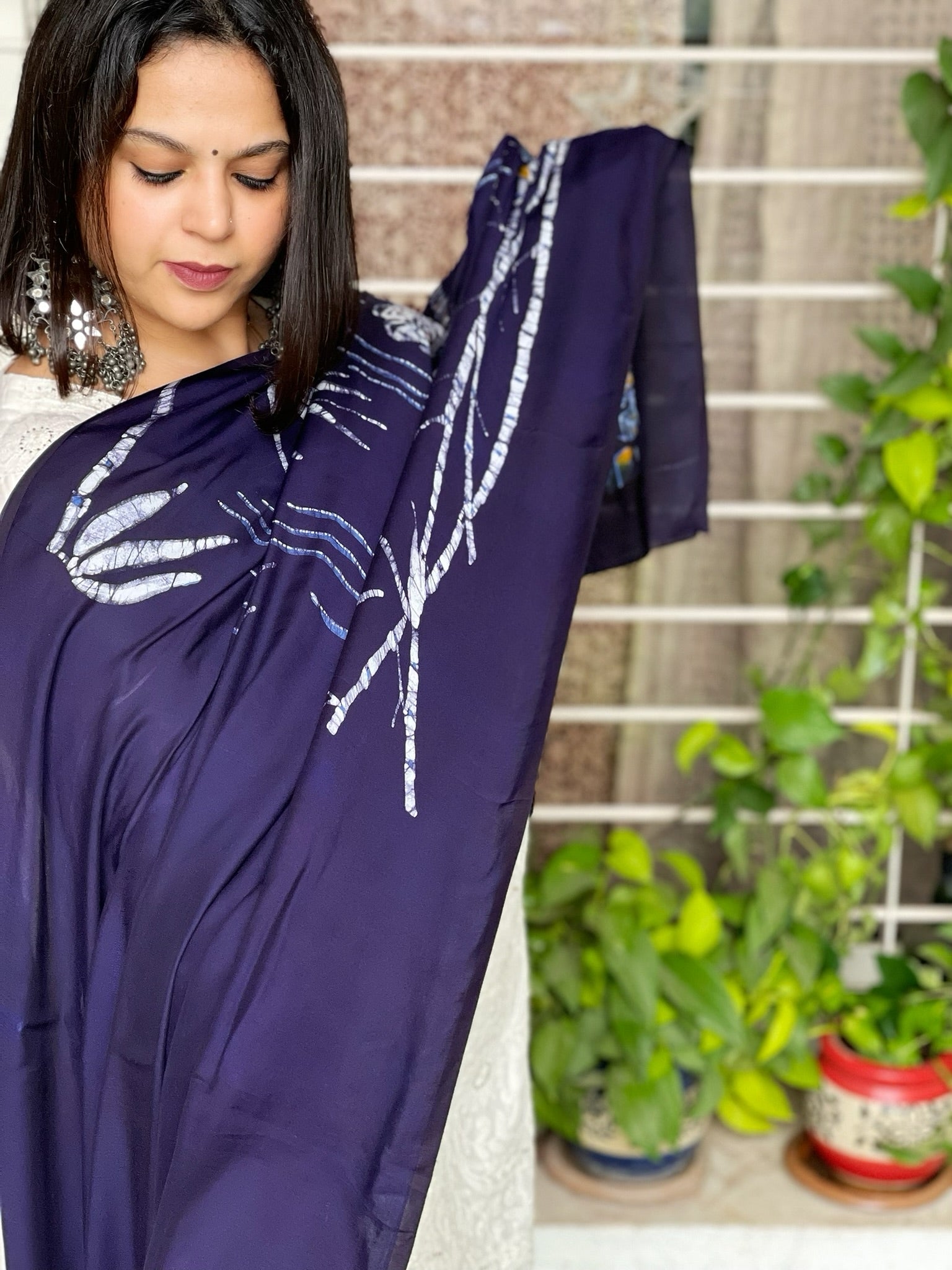 Handpainted & Batik Hand Dyed Dupatta in Modal Silk - Masakalee