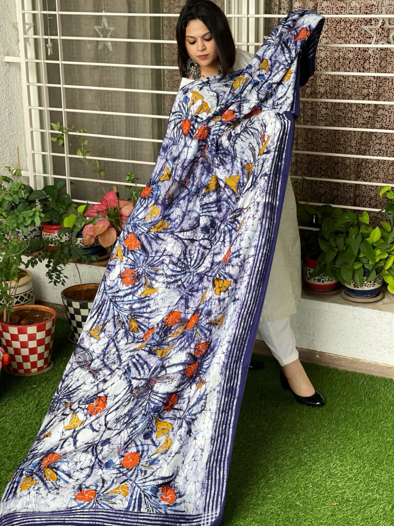 Handpainted & Batik Hand Dyed Dupatta in Modal Silk - Masakalee