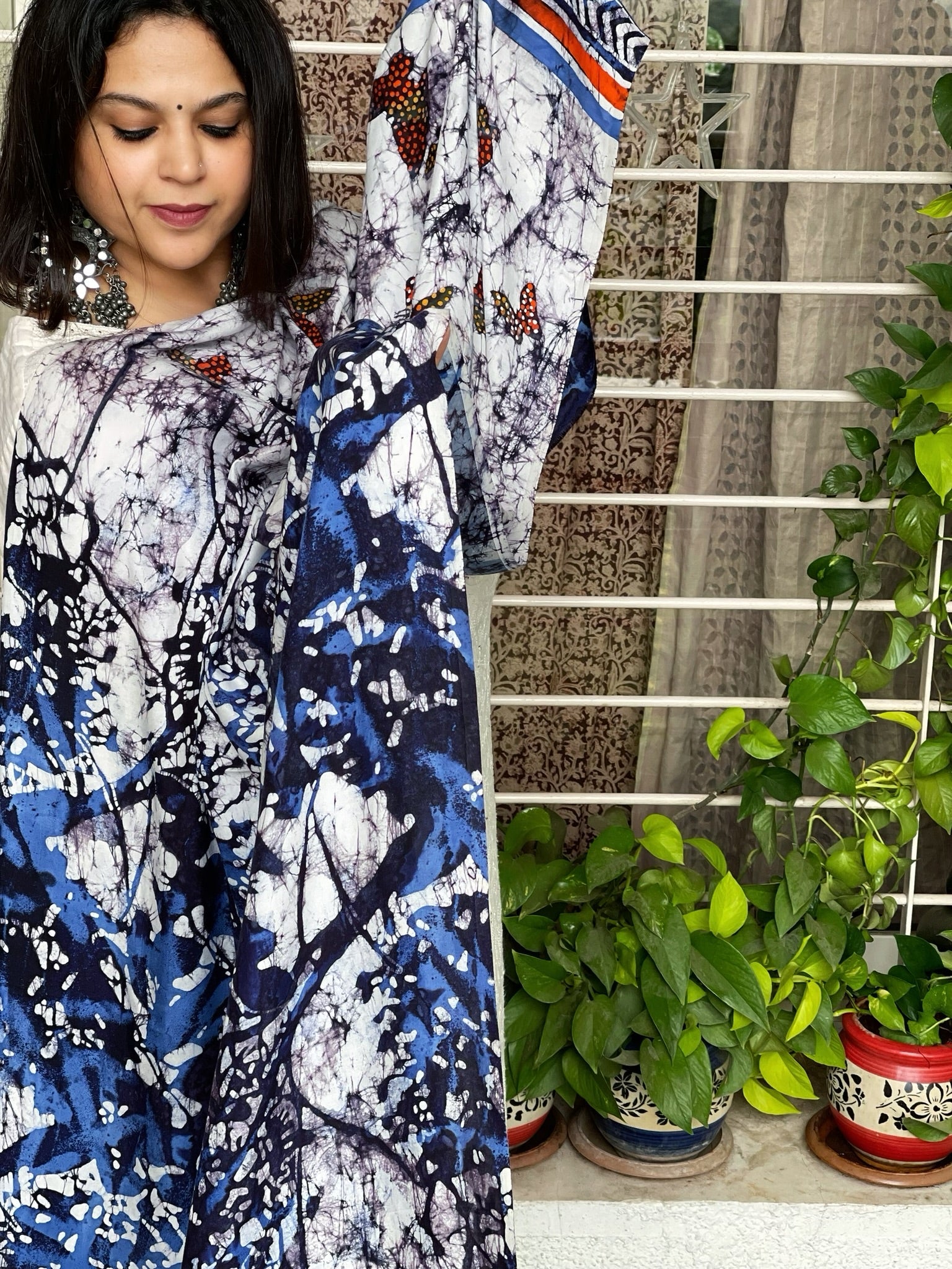 Handpainted & Batik Hand Dyed Dupatta in Modal Silk - Masakalee