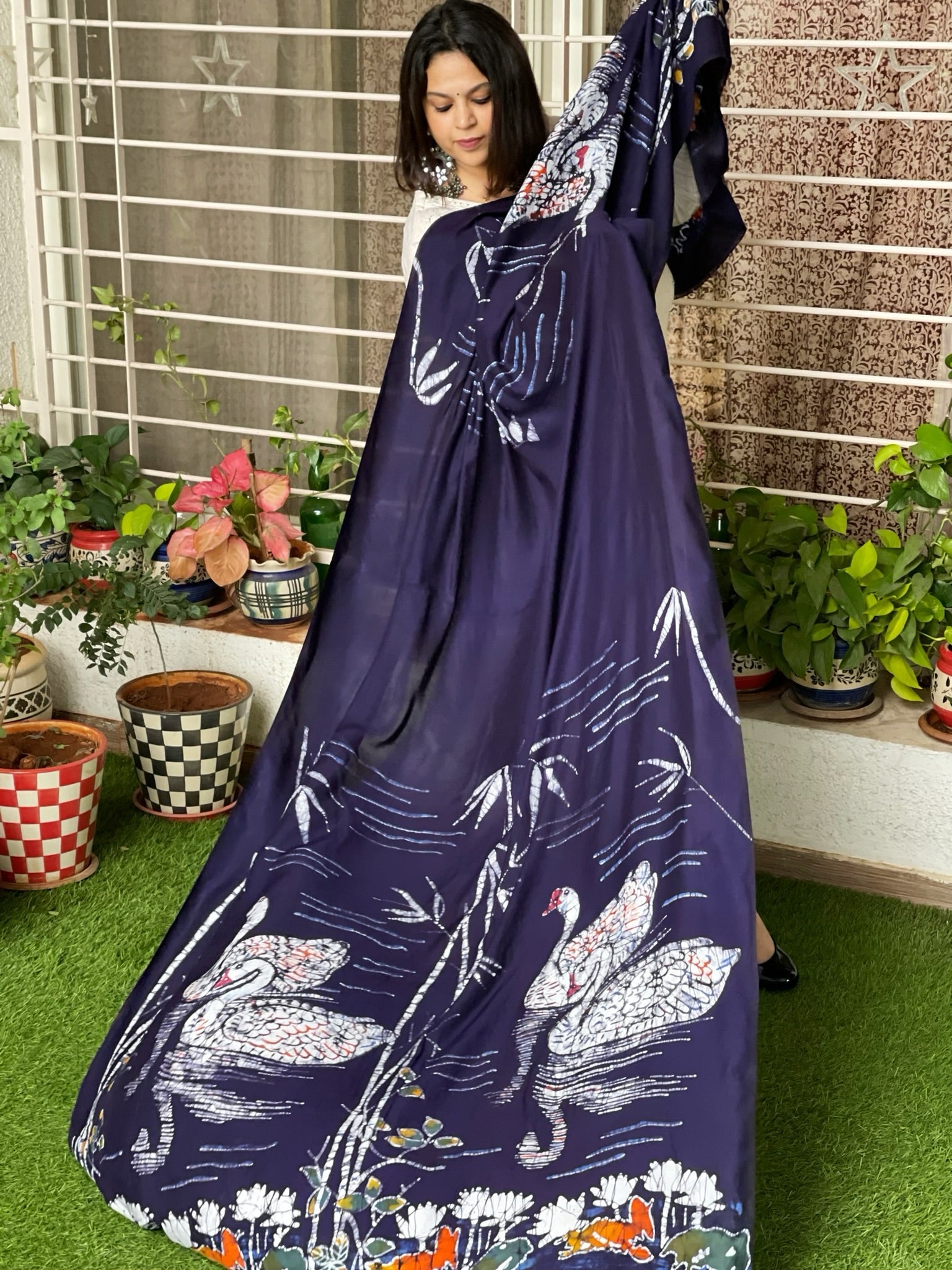 Handpainted & Batik Hand Dyed Dupatta in Modal Silk - Masakalee