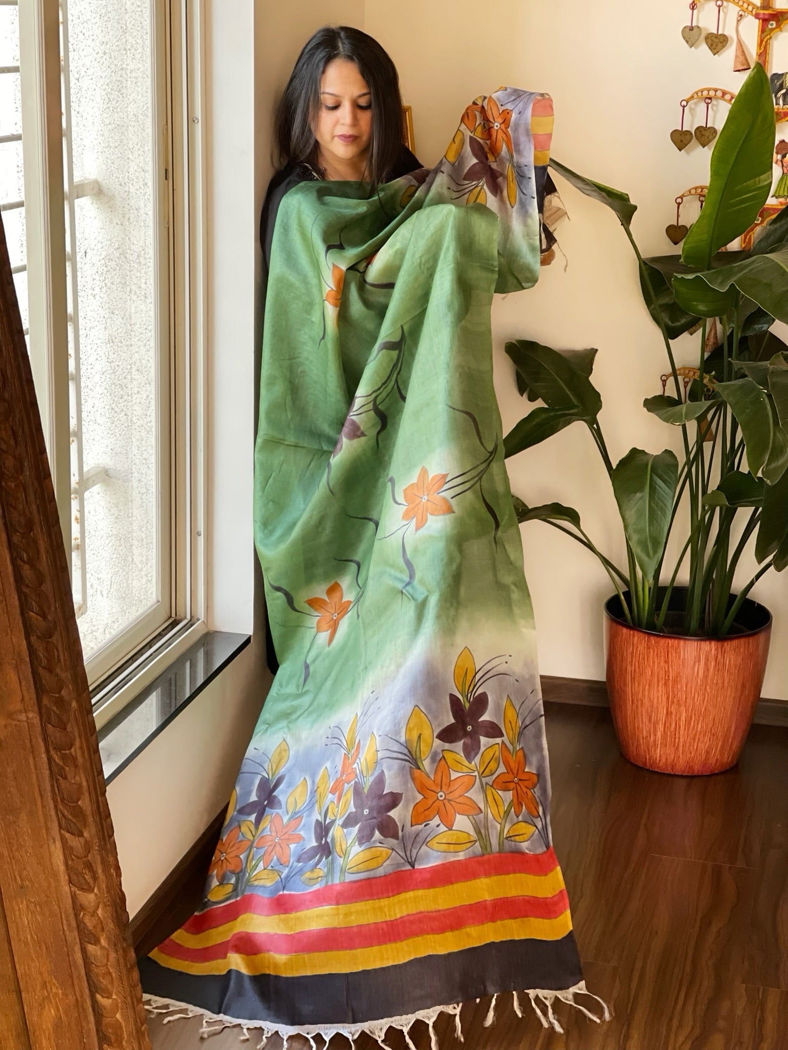 Handpainted Dupatta in Tussar Silk - Masakalee