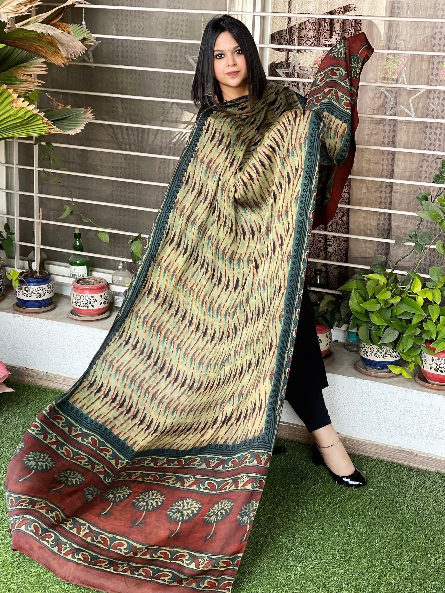 Handpainted & Handblock Printed Modal Silk Dupatta - Masakalee