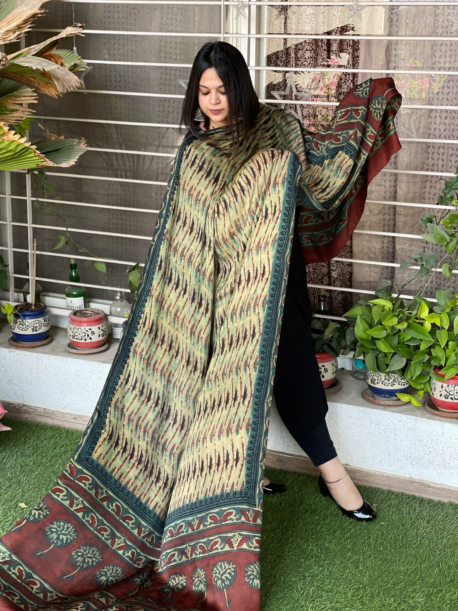 Handpainted & Handblock Printed Modal Silk Dupatta - Masakalee