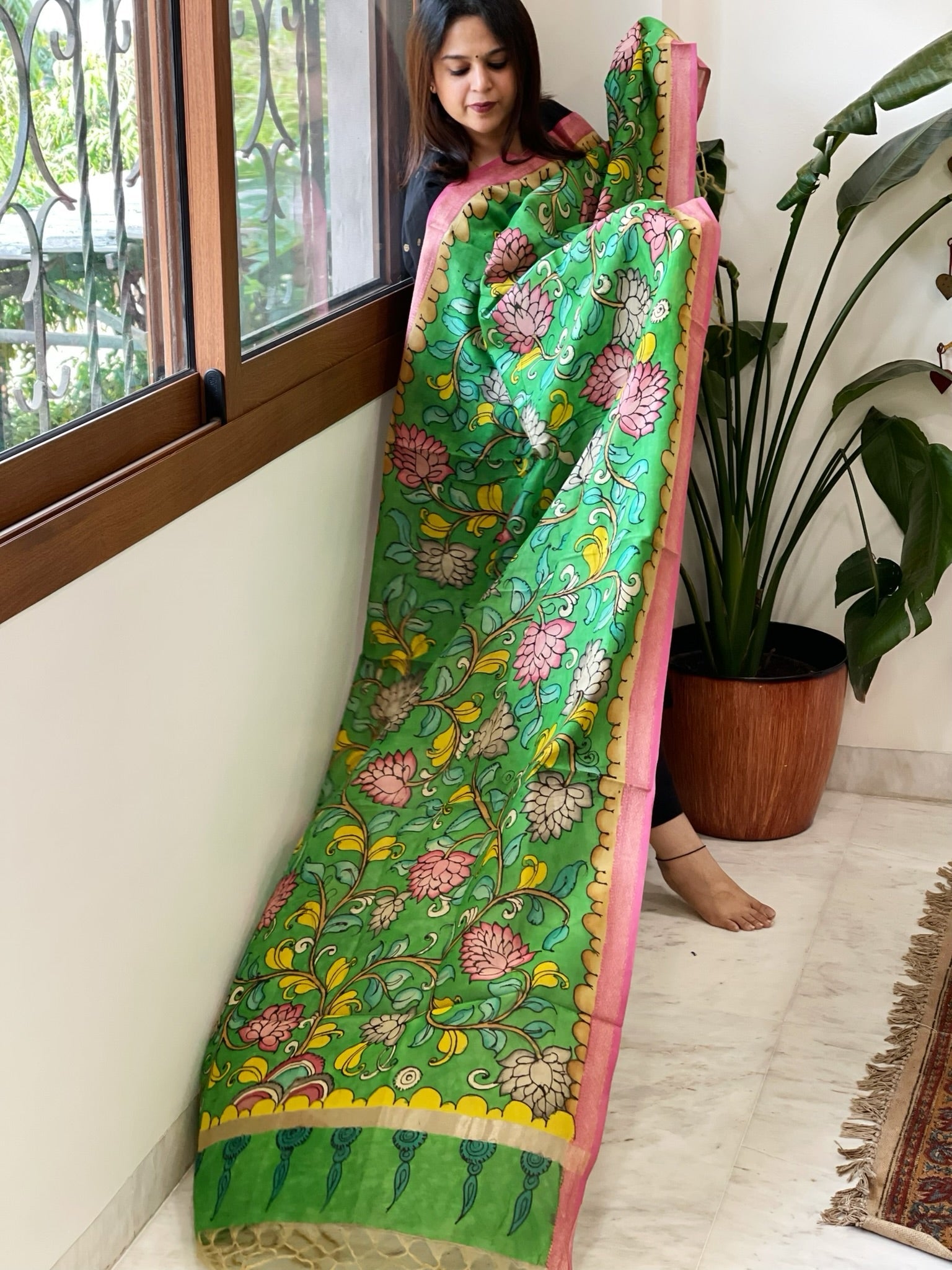 Handpainted Kalamkari Dupatta in Chanderi Silk - Masakalee