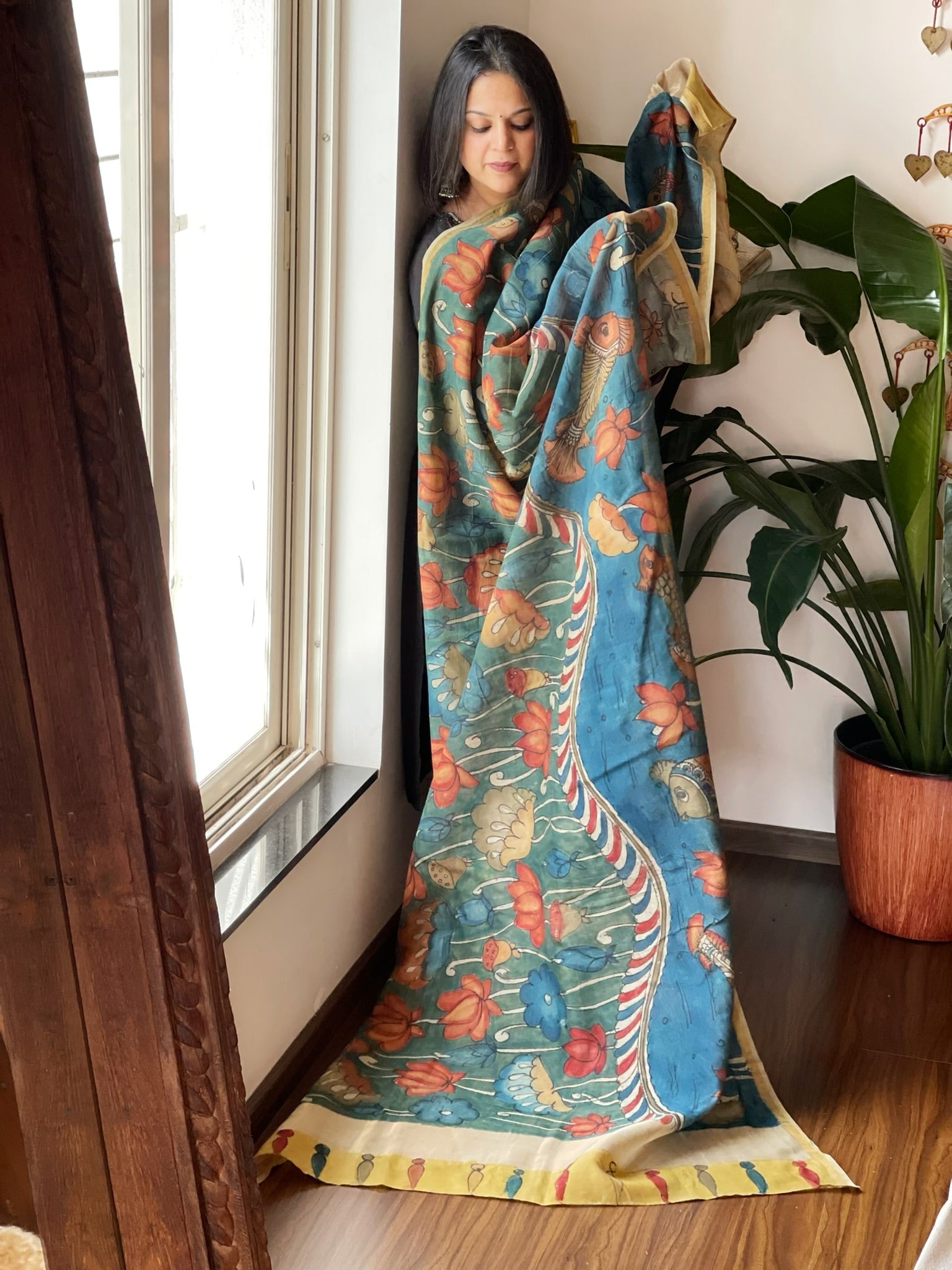 Handpainted Kalamkari Dupatta in Chanderi Silk - Masakalee