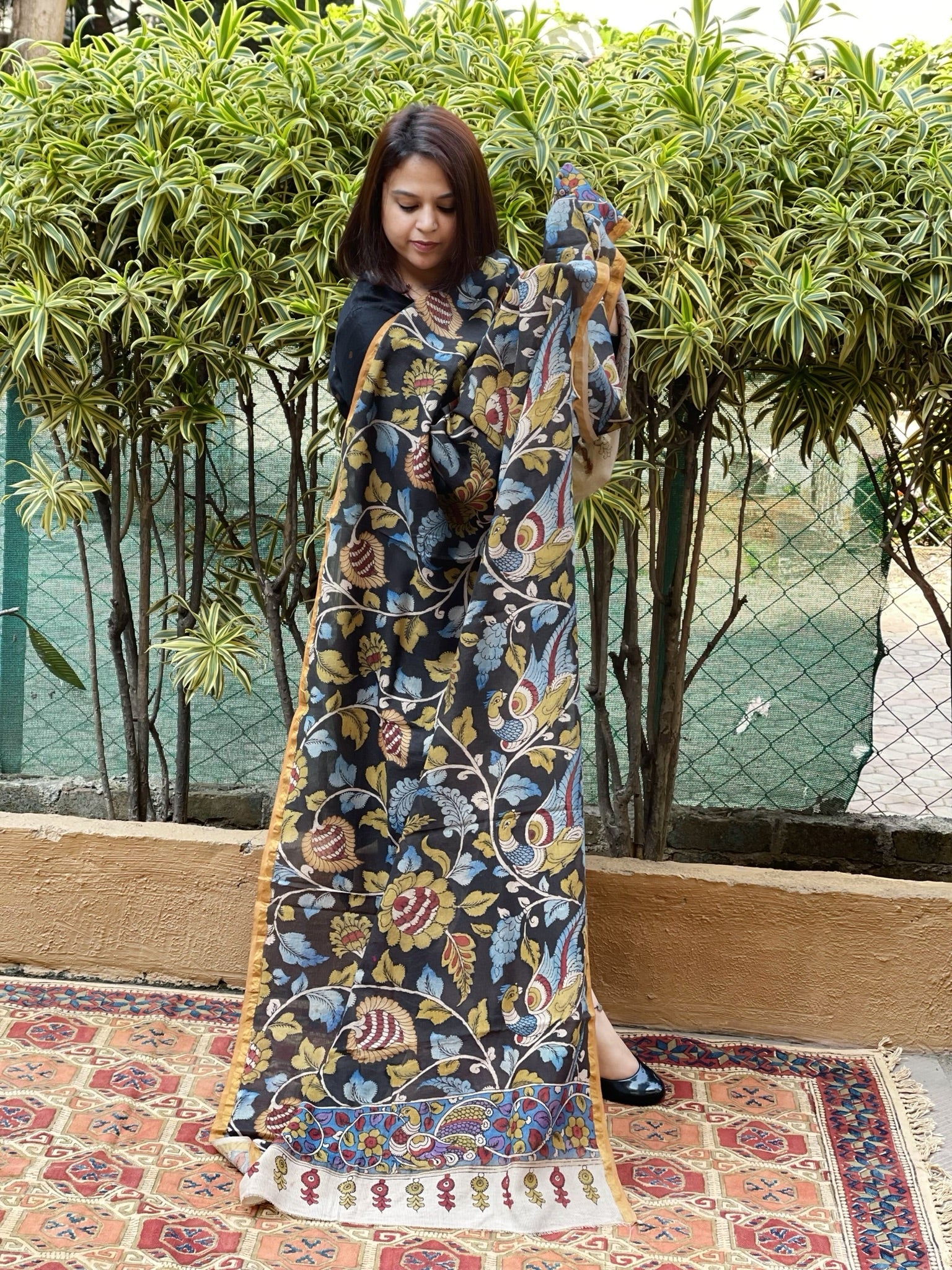 Handpainted Kalamkari Dupatta in Chanderi Silk - Masakalee
