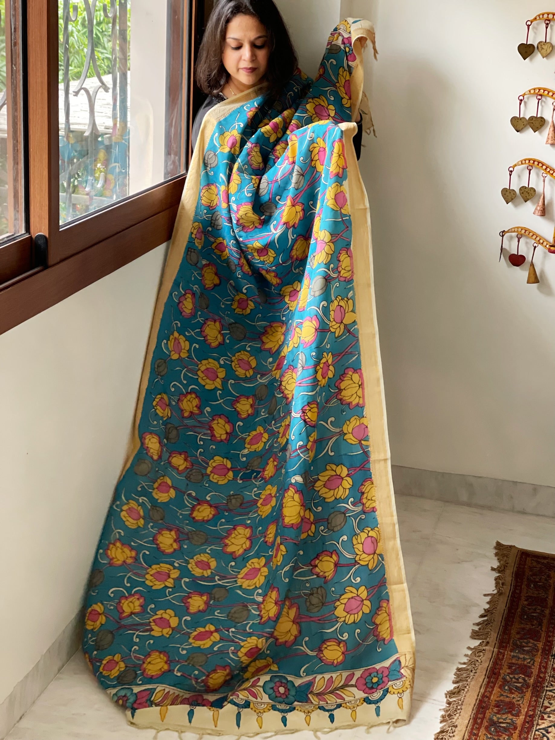 Handpainted Kalamkari Dupatta in Chennuri Silk - Masakalee