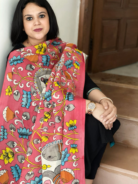 Handpainted Kalamkari Dupatta in Chennuri Silk - Masakalee
