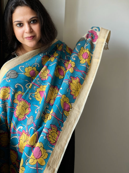Handpainted Kalamkari Dupatta in Chennuri Silk - Masakalee