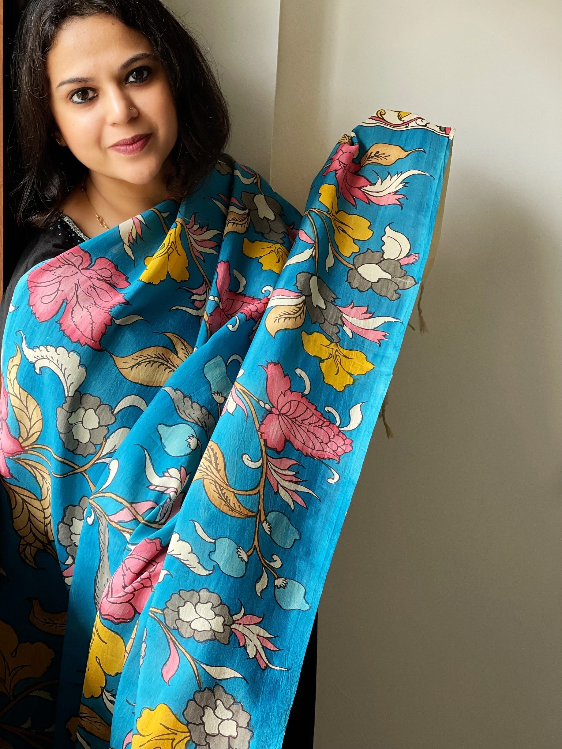 Handpainted Kalamkari Dupatta in Chennuri Silk - Masakalee