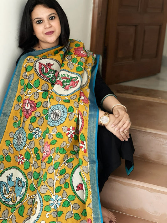 Handpainted Kalamkari Dupatta in Chennuri Silk - Masakalee