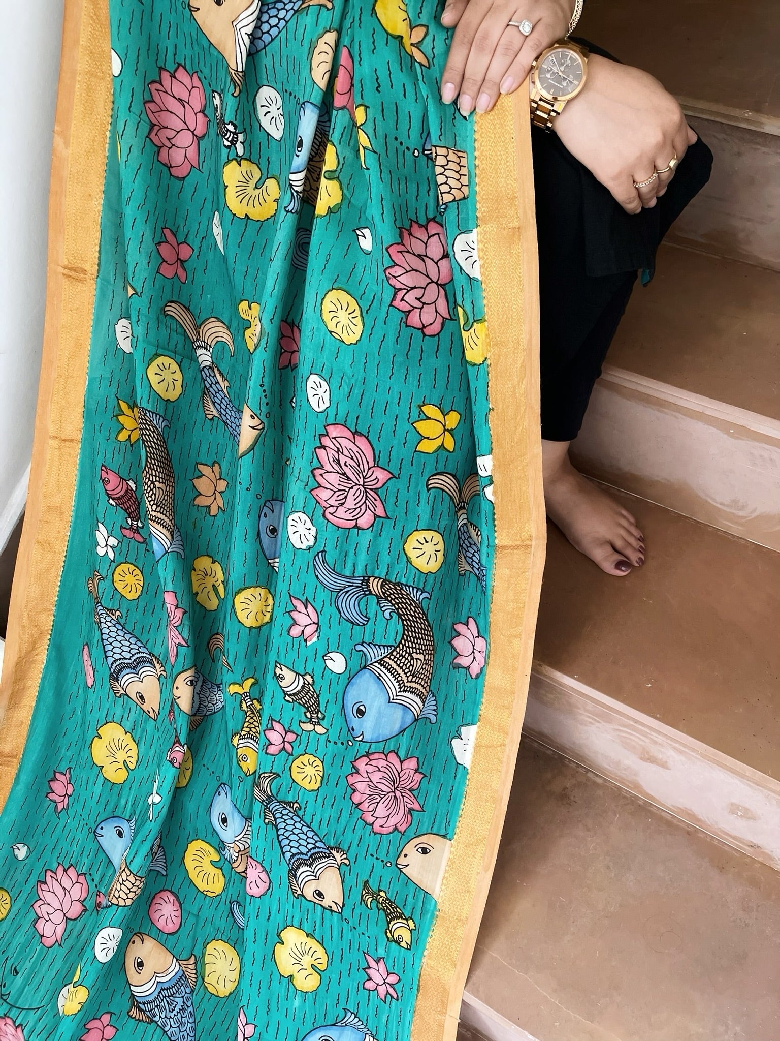 Handpainted Kalamkari Dupatta in Chennuri Silk - Masakalee