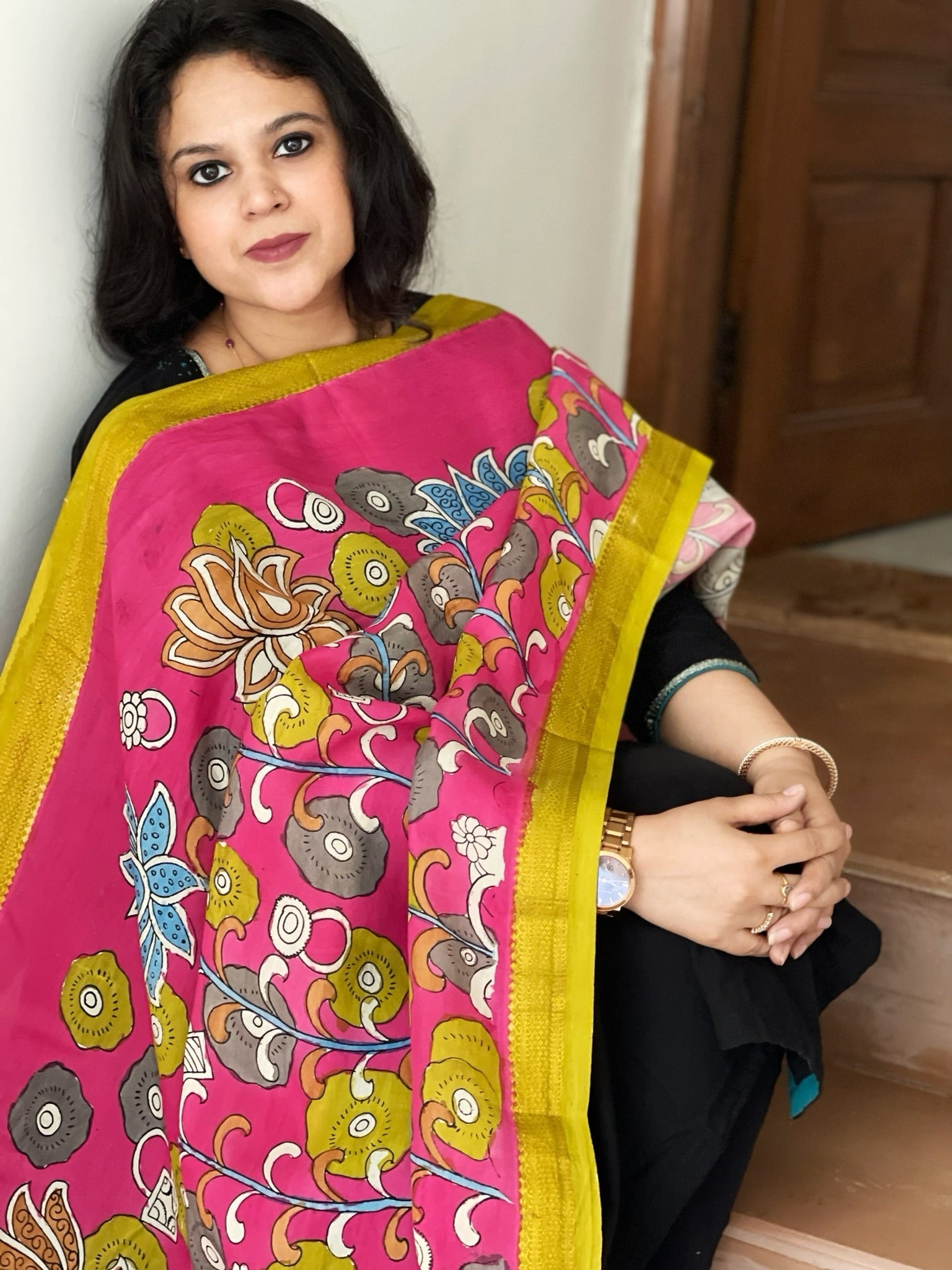 Handpainted Kalamkari Dupatta in Chennuri Silk - Masakalee