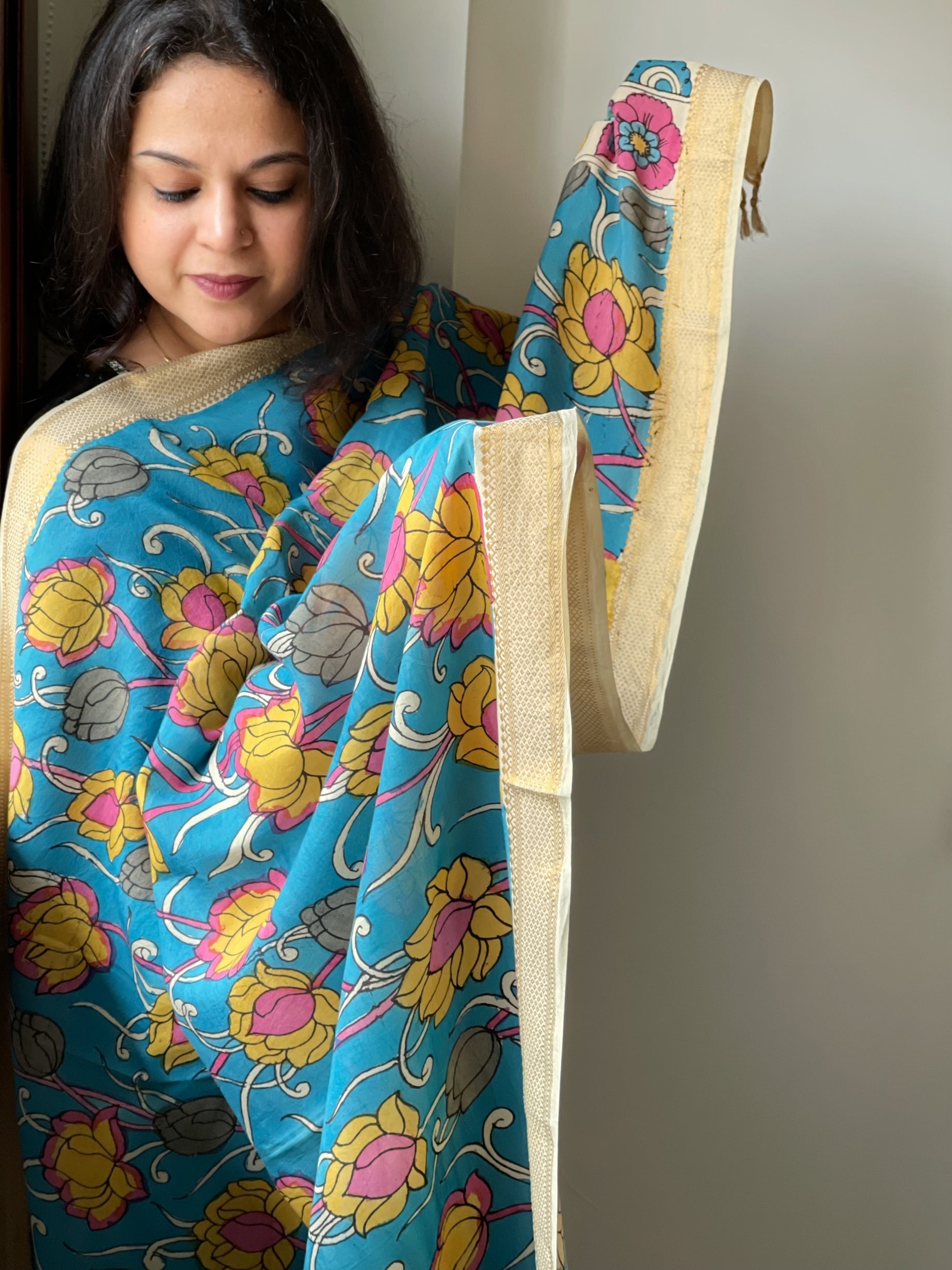 Handpainted Kalamkari Dupatta in Chennuri Silk - Masakalee