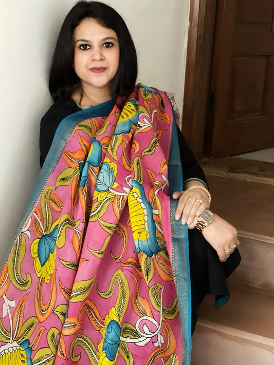 Handpainted Kalamkari Dupatta in Chennuri Silk - Masakalee