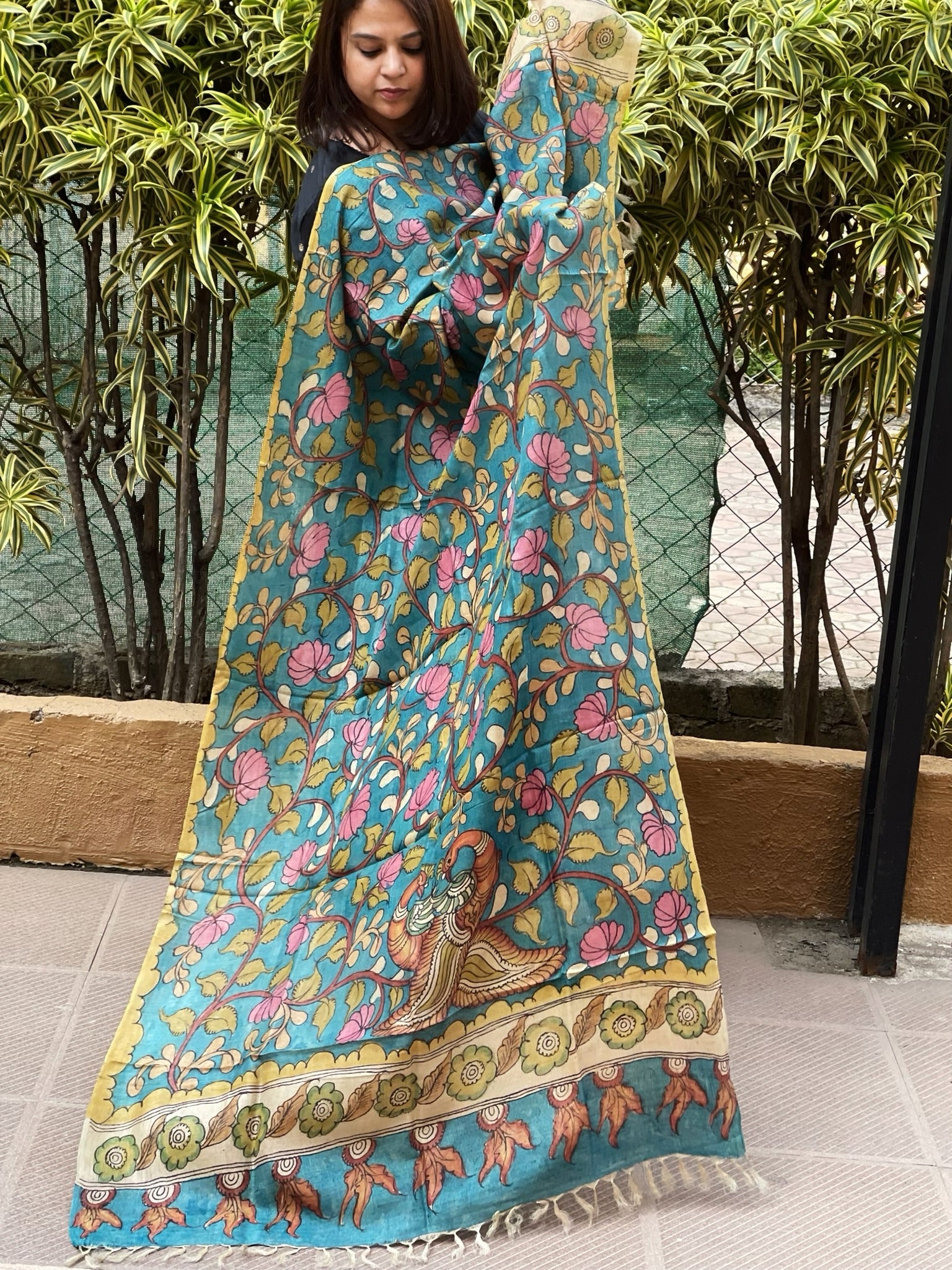 Handpainted Kalamkari Dupatta in Tussar Silk - Masakalee