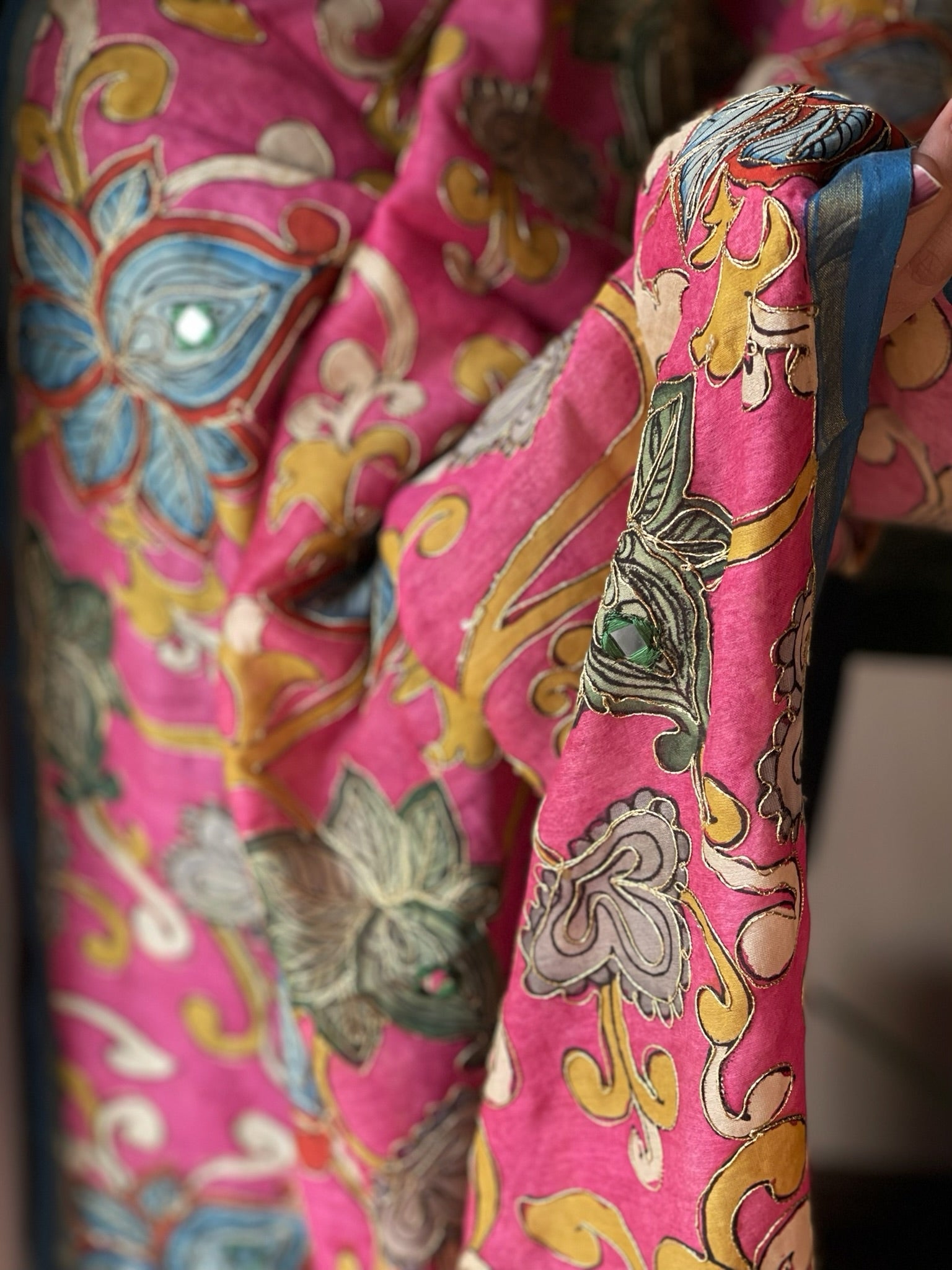 Handpainted Kalamkari Dupatta with Thread & Mirror Handwork in Chanderi Silk - Masakalee