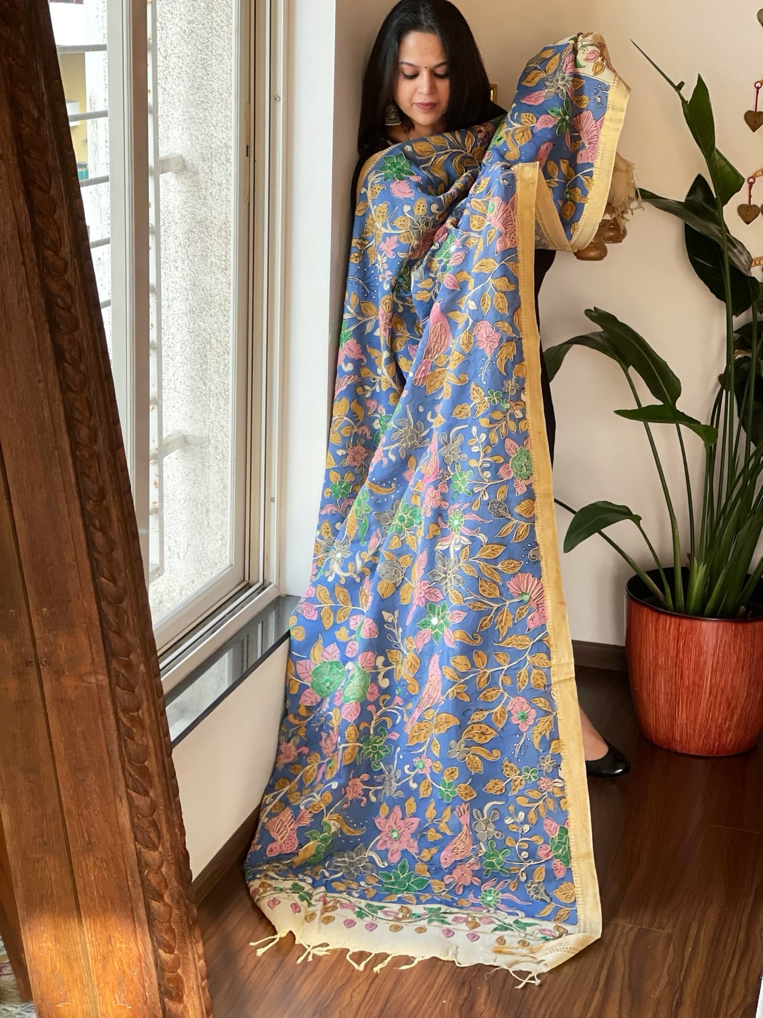 Handpainted Kalamkari Dupatta with Thread & Mirror Handwork in Chanderi Silk - Masakalee
