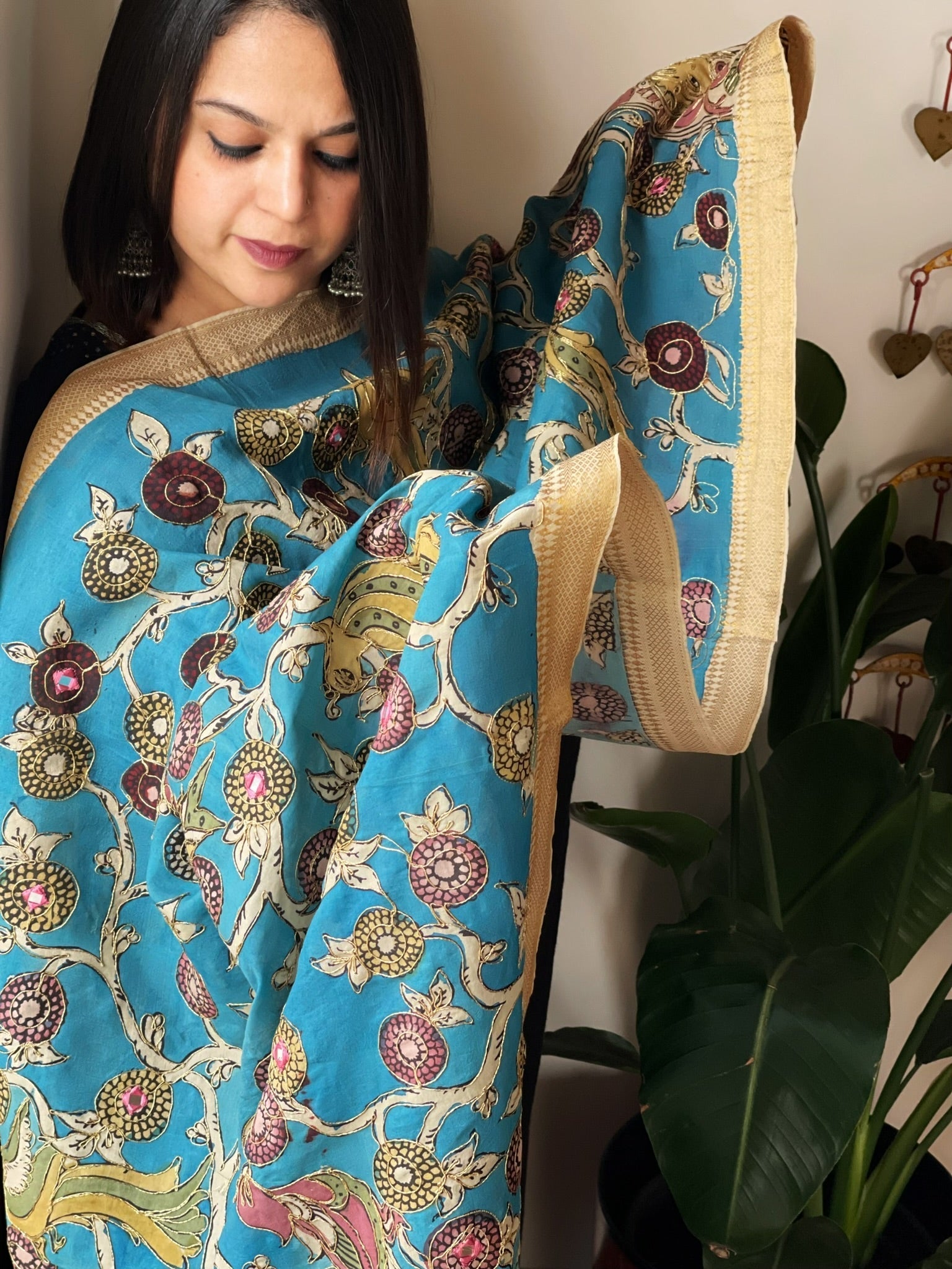 Handpainted Kalamkari Dupatta with Thread & Mirror Handwork in Chanderi Silk - Masakalee