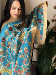 Handpainted Kalamkari Dupatta with Thread & Mirror Handwork in Chanderi Silk - Masakalee