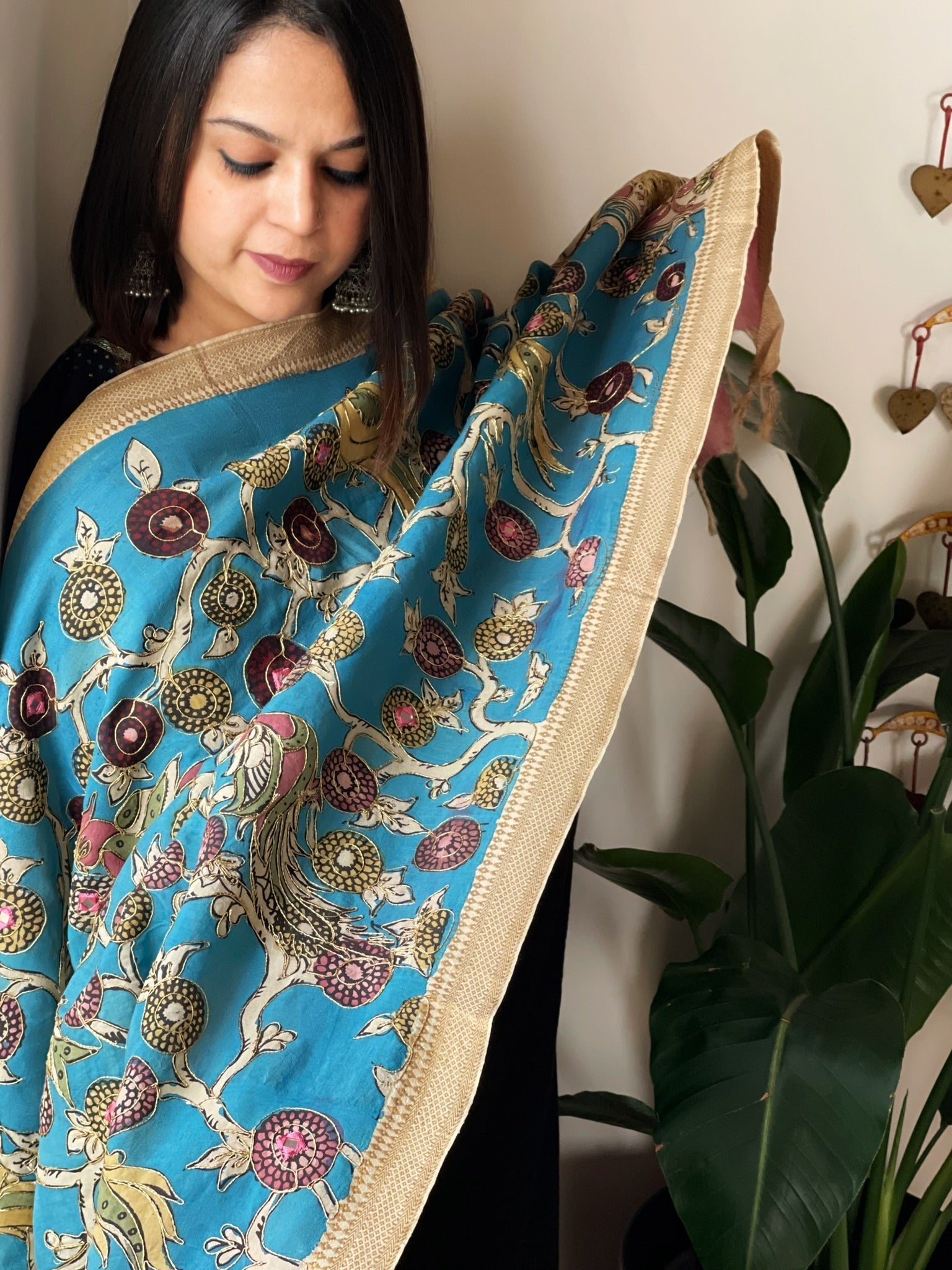 Handpainted Kalamkari Dupatta with Thread & Mirror Handwork in Chanderi Silk - Masakalee