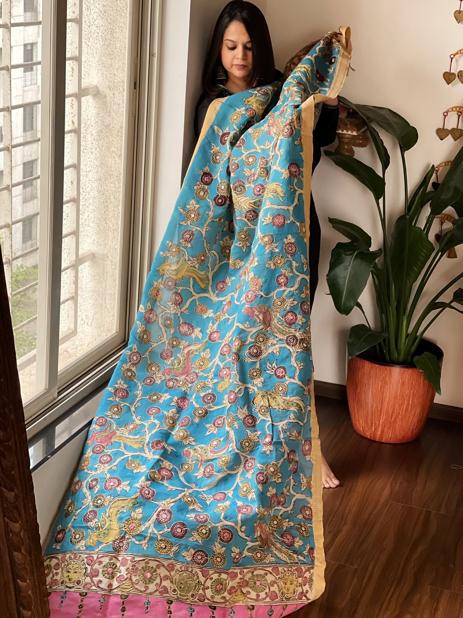 Handpainted Kalamkari Dupatta with Thread & Mirror Handwork in Chanderi Silk - Masakalee