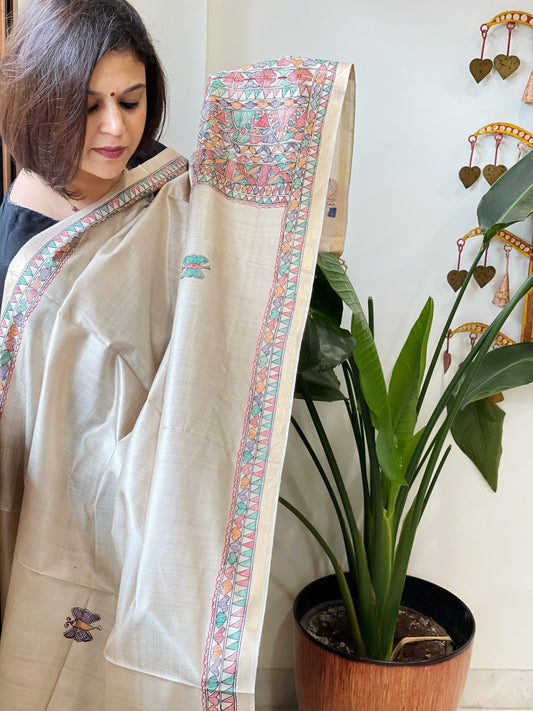 Handpainted Madhubani Dupatta in Pure Chanderi Silk - Masakalee